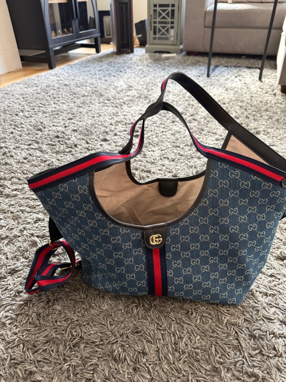 Blue Denim Tote with Red and Navy Web Stripe